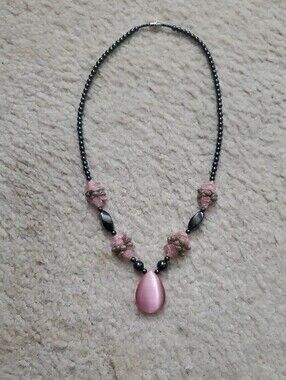 VINTAGE Handcrafted, Pink Crystal Teardrop Pendant, With Black Gunmetal Beads